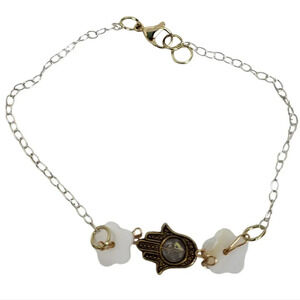 Sterling Silver Hamsa Hand Mother Of Pearl Hibiscus Flower Bracelet